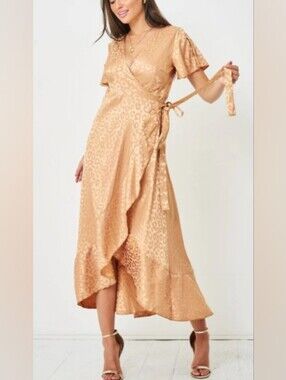 Simplee Apparel Champagne Leopard-Print Wrap Midi Dress Cap Fluttter Sleeve MED